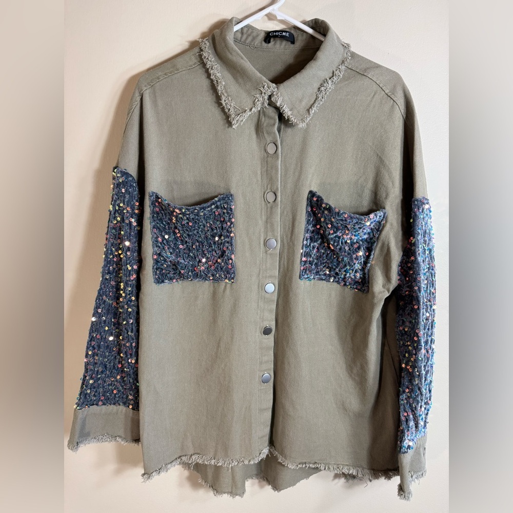 Jiameng womens Chicme contrast sequin raw‎ hem shacket size L